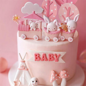 Set decoración de pastel de cumpleaños adornos de tren de conejo rosa