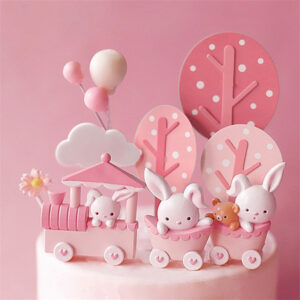 Set decoración de pastel de cumpleaños adornos de tren de conejo rosa