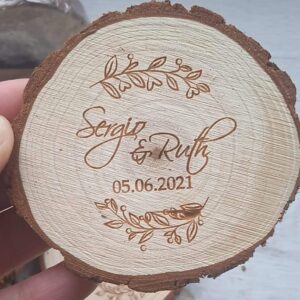 Rebanada tronquito madera natural personalizada grabado laser, imán para recuerdo de boda, invitación de boda rodaja de madera