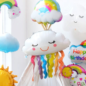 Arreglo de globos nubes y arcoíris fiesta infantil baby shower